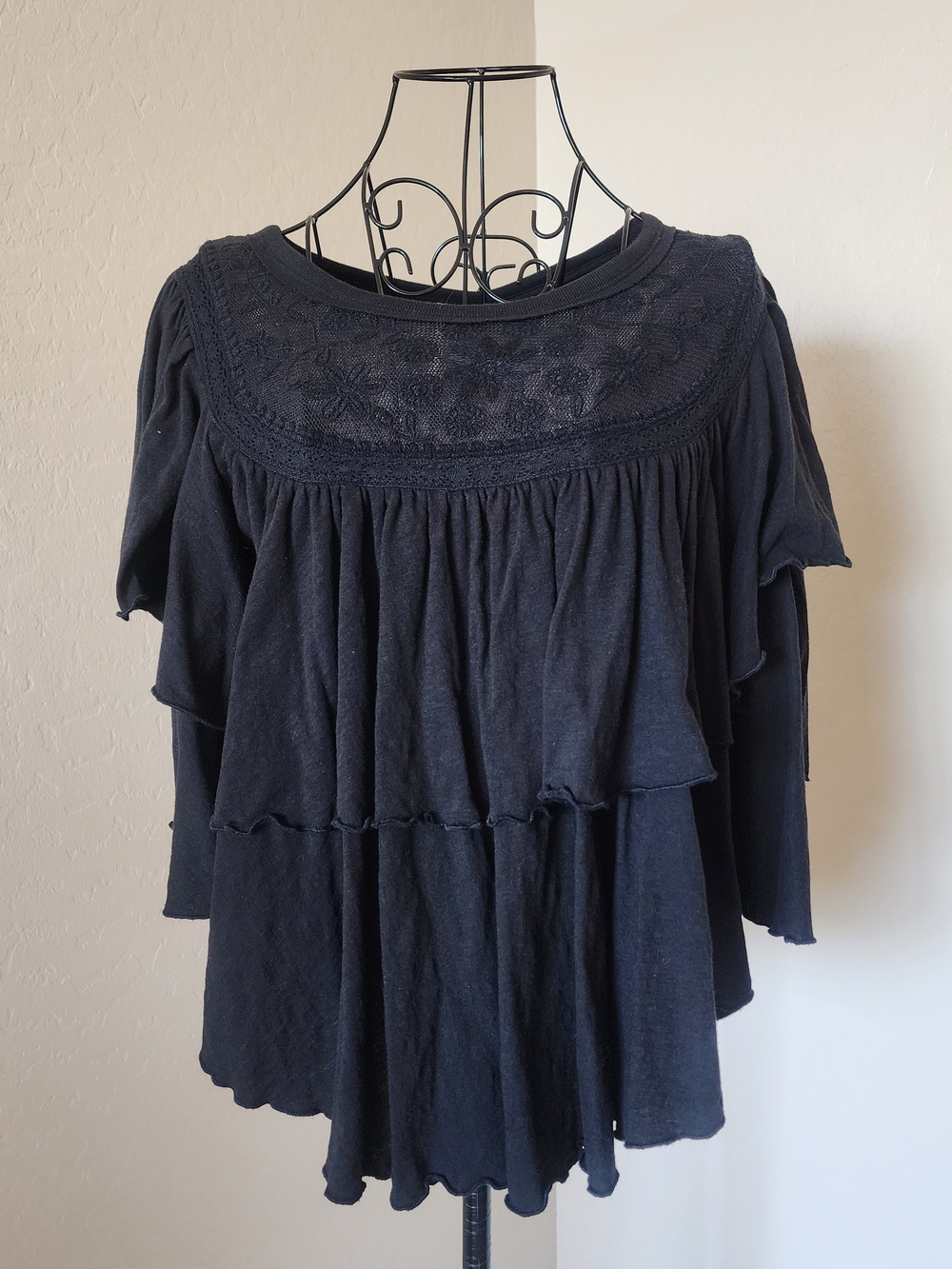 Free People Rose Tea Party Black Lace Tiered Top